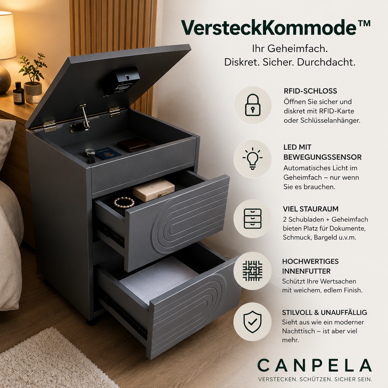 VersteckKommode™ – Nachttisch mit Geheimfach & RFID-Schloss